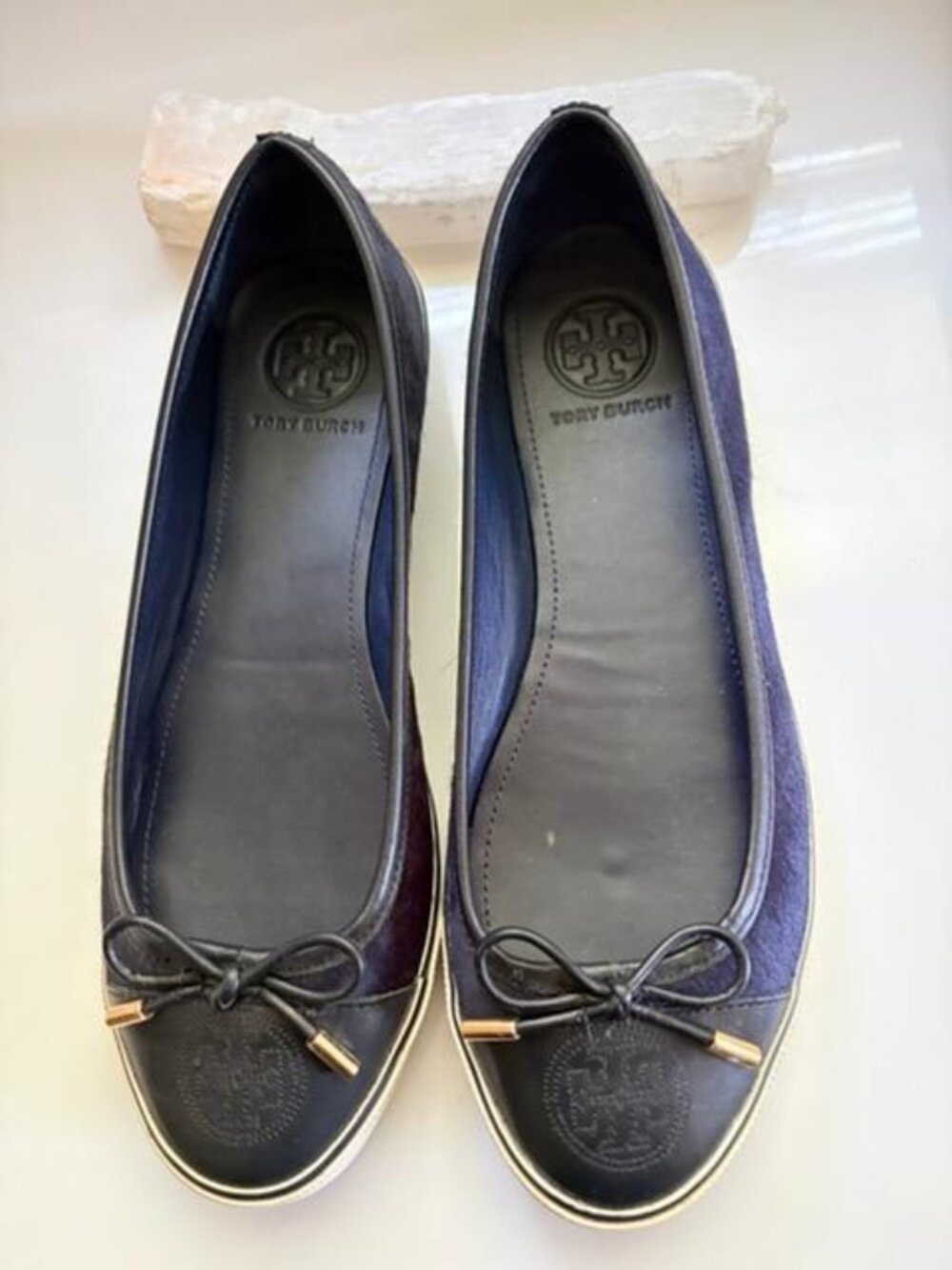 Tory Burch Black Calf Hair and Leather Cap Toe Skyler Flats